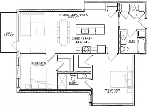 Floor plan for 2 beds, 2 baths, 1087 sqft